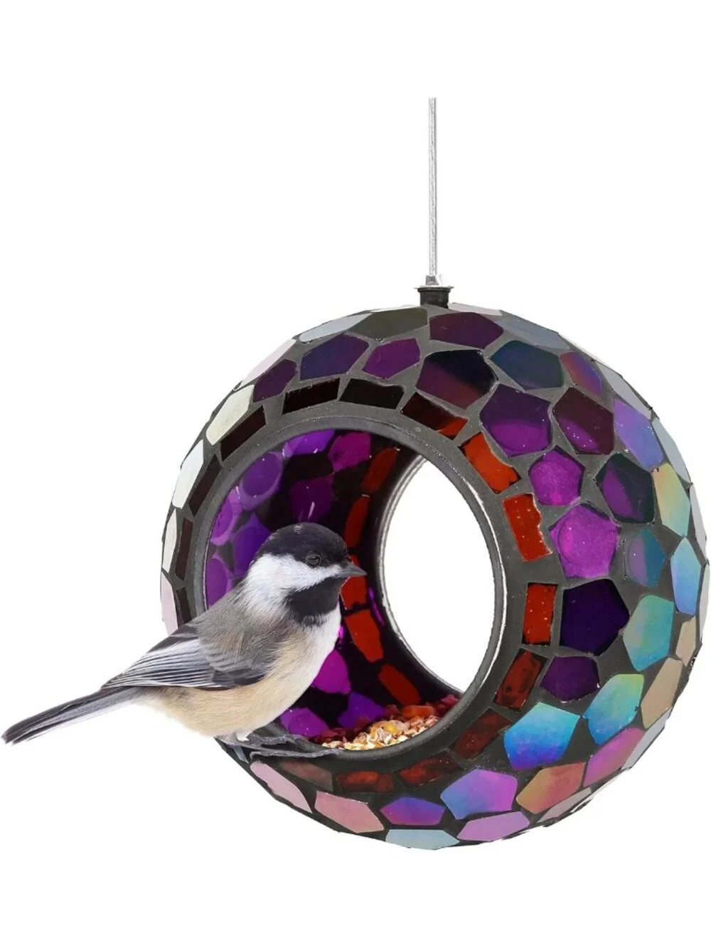 Iridescent Purple Mosaic Hanging Bird Feeder - 6-Inch Glass for Outdoors